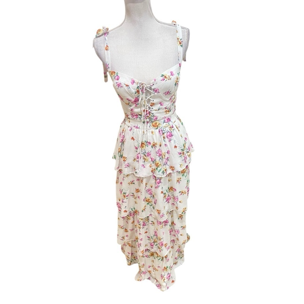 Wayf 2 piece floral flowy tiered maxi skirt & crop top corset tie straps small